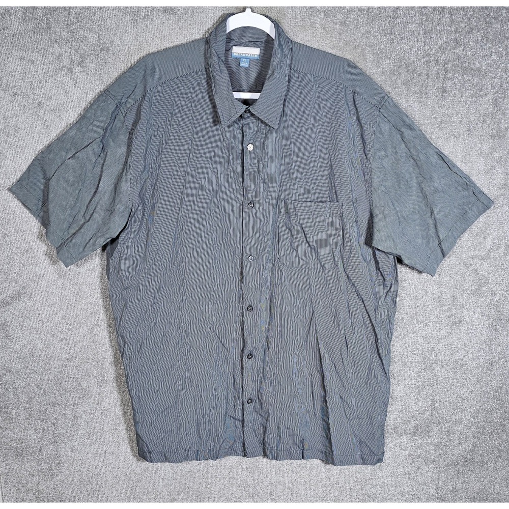 Breakwater Shirt Mens XL Button Up Gray‎ Black Striped Chest Pocket Short Sleeve